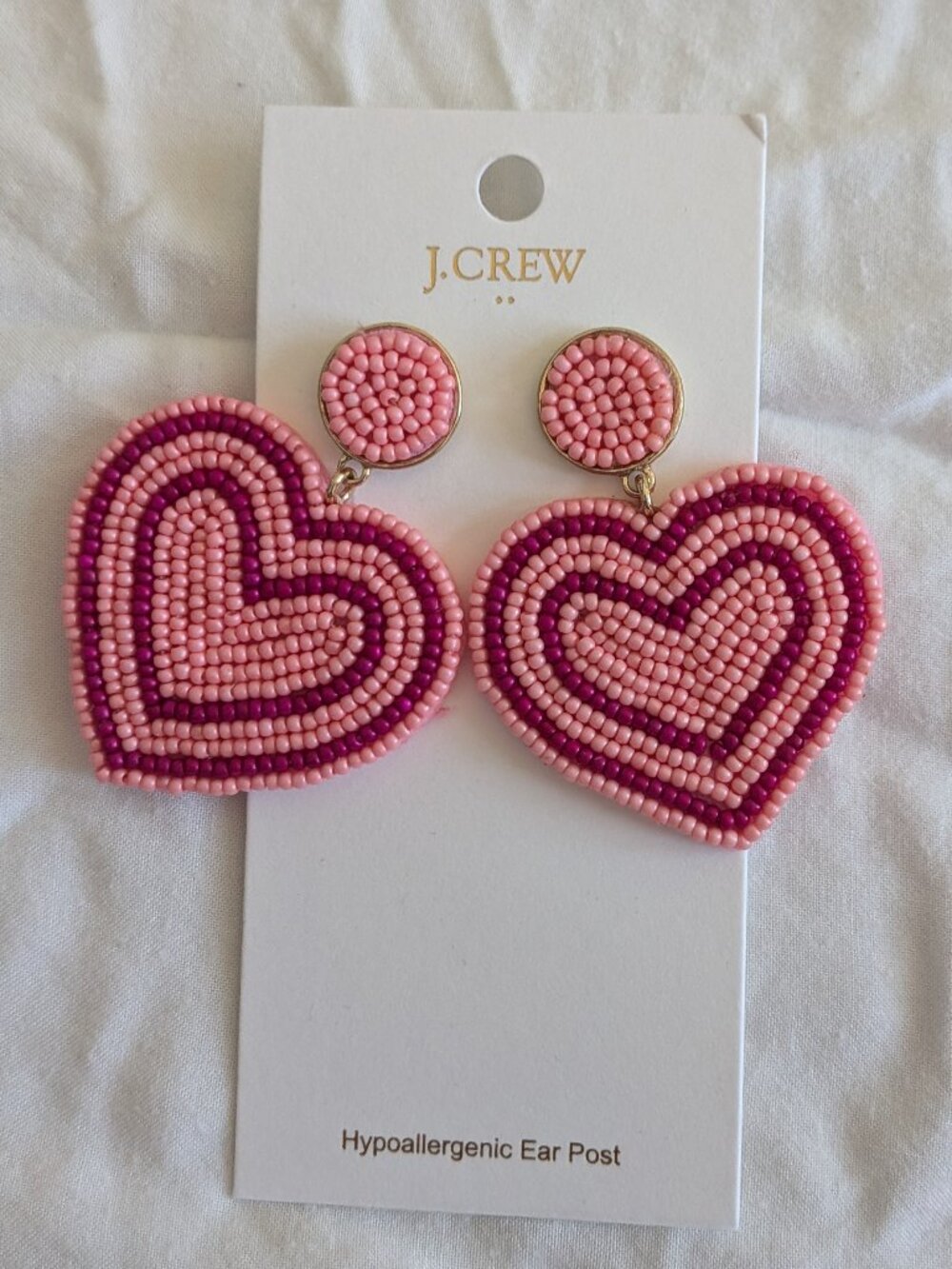 J.Crew Seed Bead Pink Heart Stud Earrings NWT